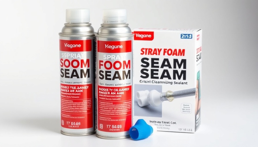 Wide Spray Foam Sealant cans and box with nozzles on white background.