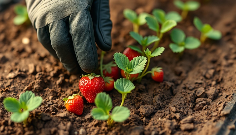 Gloved hand showing strawberry planting with best spacing