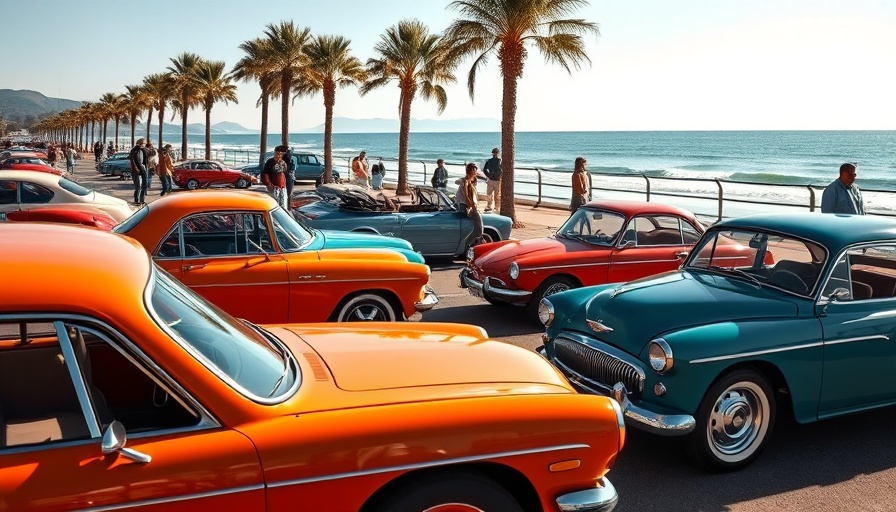 PCH Car Cruise showcasing classic cars with palm trees and ocean backdrop.