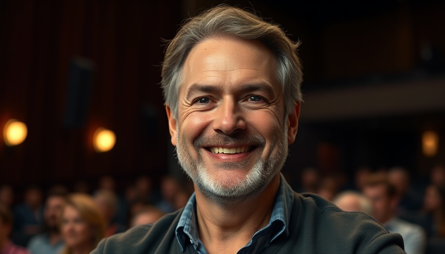 Mature man smiling in a dim auditorium setting.