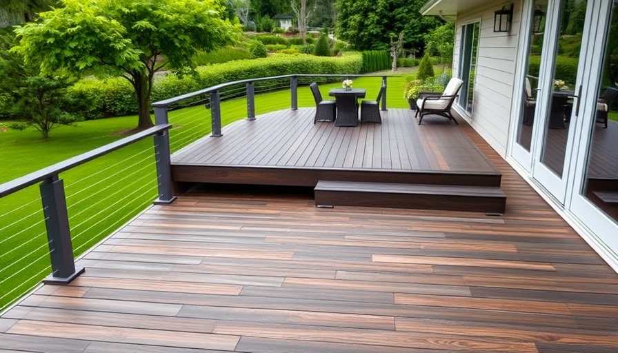 Modern composite deck with lush garden view, Trex Decking Trends.