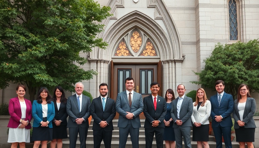 Group outside St. Mary Armenian Church on a sunny day.