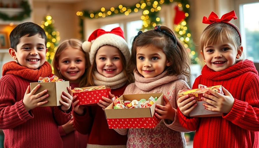 Children engaged in acts of kindness, presenting boxes of treats in festive hats.