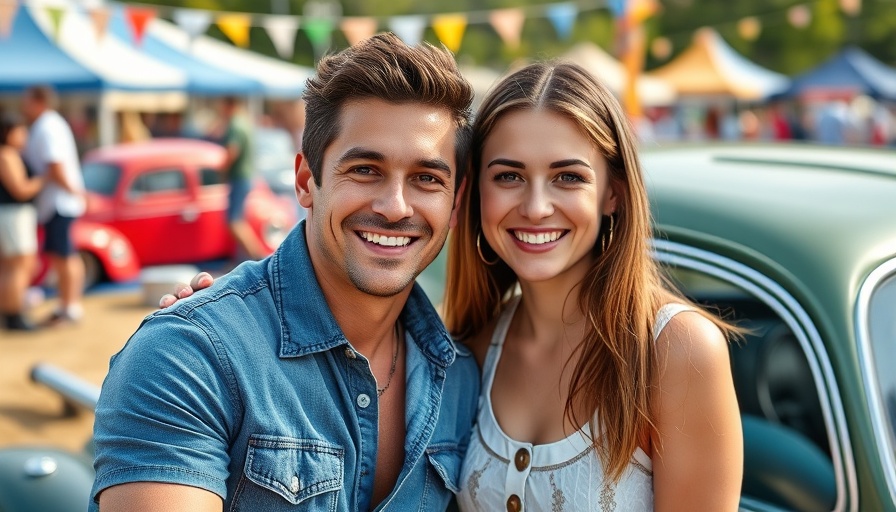 Couple with vintage car at outdoor event, photorealistic image.