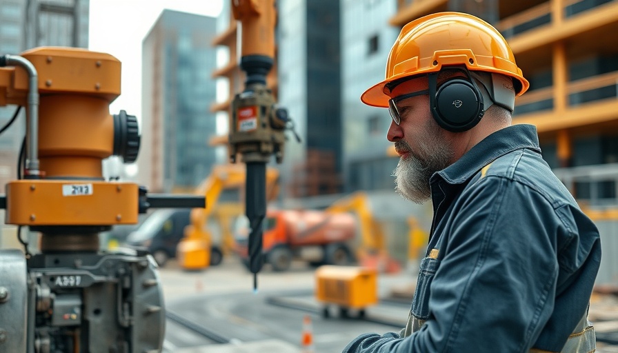 Construction worker with robotic machinery at an urban site.