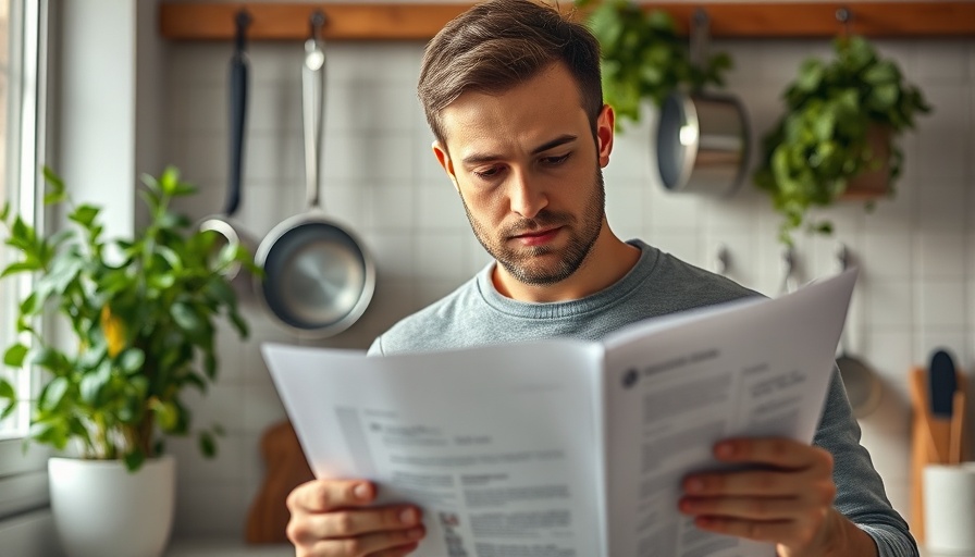 Focused man reading about tax code simplification in a home kitchen.