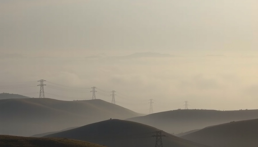 Hazy California landscape with power lines in wildfire recovery.