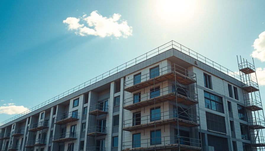 Scaffolding on a housing development site under bright daylight.