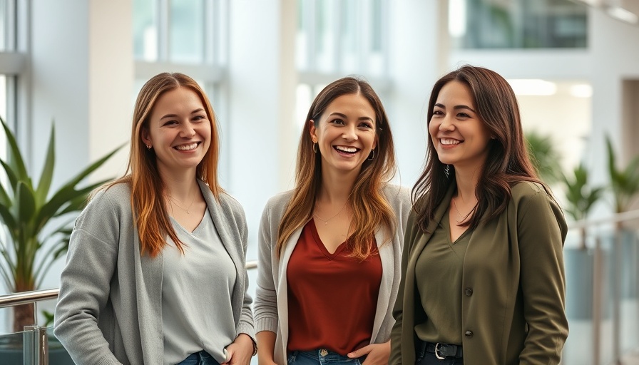 Women in office with construction training tool, standing together smiling.