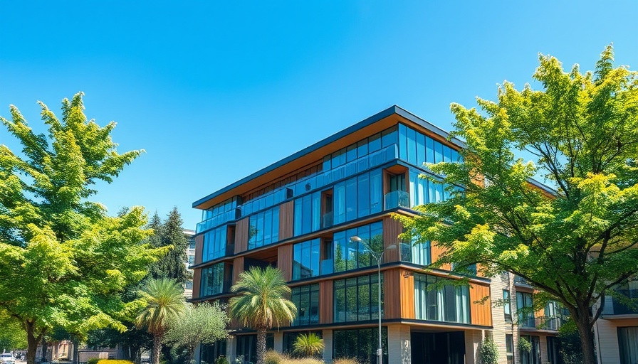 Modern architectural building in lush green setting near Newport Beach.