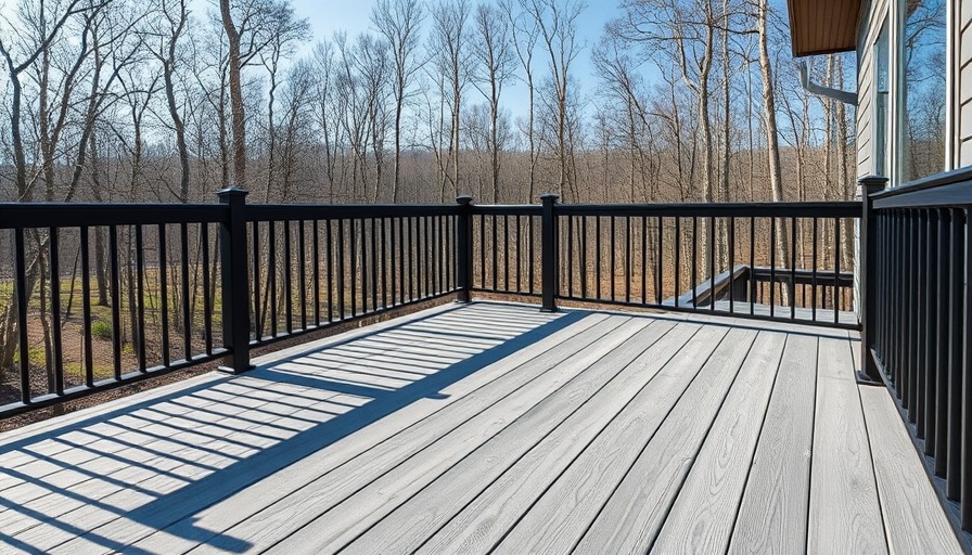 Modern Trex deck with black railings in a winter forest.