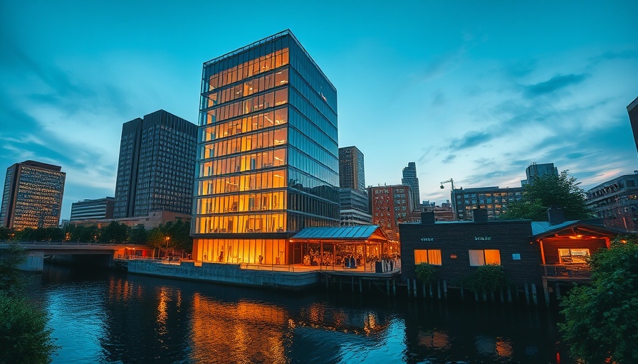 Tall mass timber building reflecting evening lights by the river
