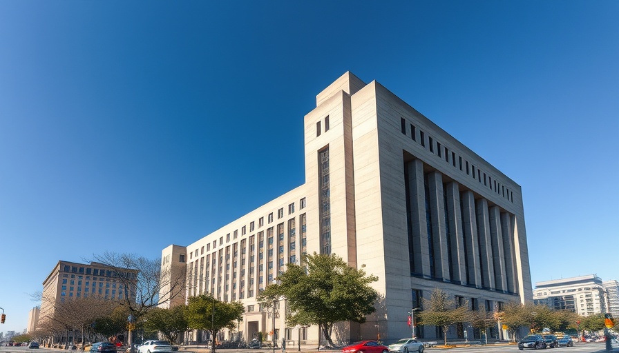 Federal architecture building in urban setting under blue sky.