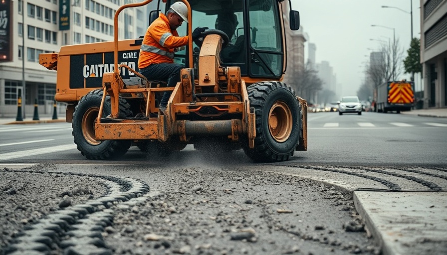 Construction worker operating machinery for concrete road replacement.