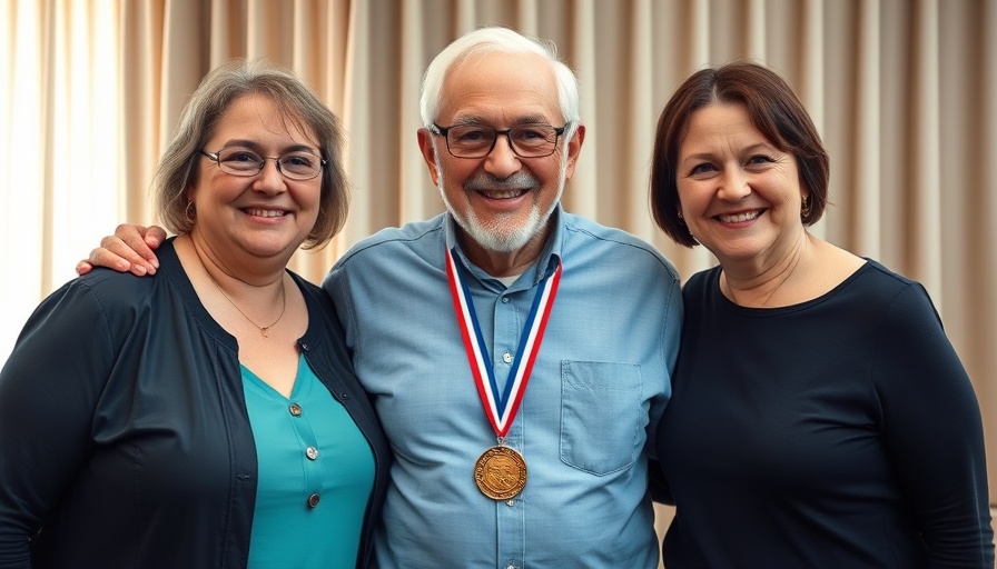 Mark Yocom group photo with medal indoors, smiling people.