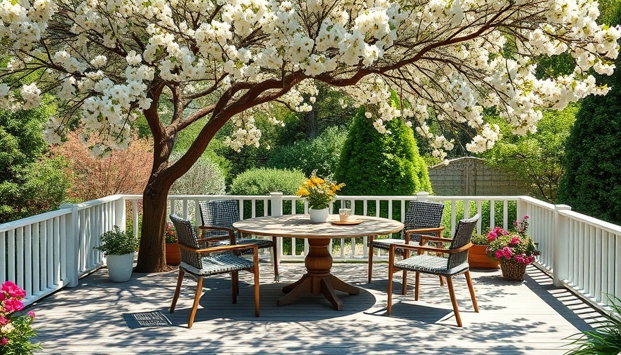 Elegant garden decking with modern patio setup beneath tree.