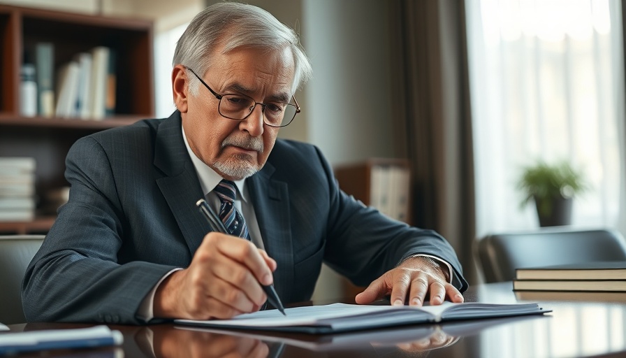 Older man signing document in an office, related to Trump tariffs.