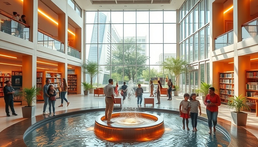 Huntington Beach Libraries: Modern atrium with water feature and families.