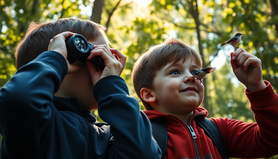 Children birdwatching with binoculars in a sunny forest.