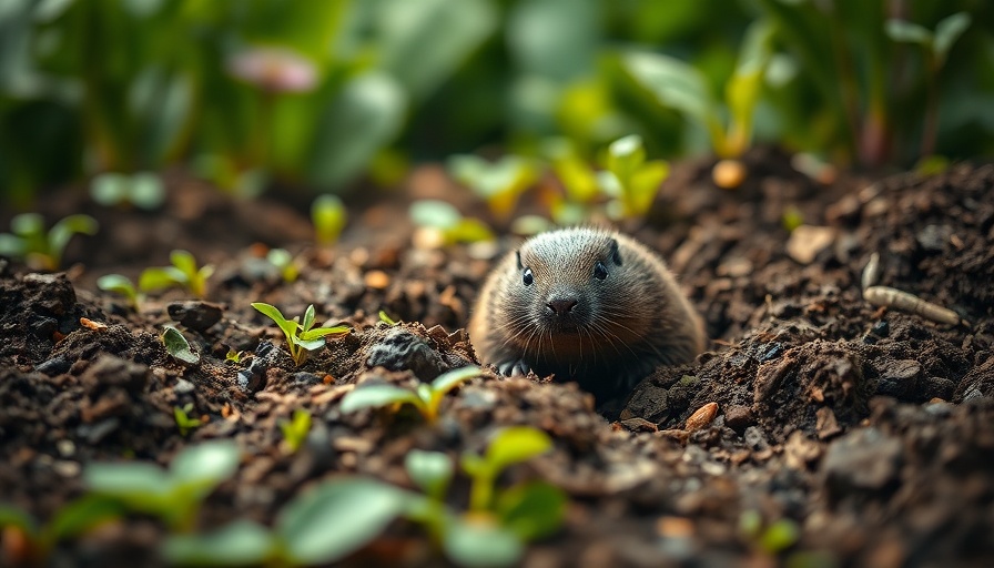 Mole emerging from soil in a lush garden, signs of moles