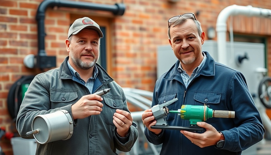 Men showcasing plumbing innovations at outdoor event with modern equipment.