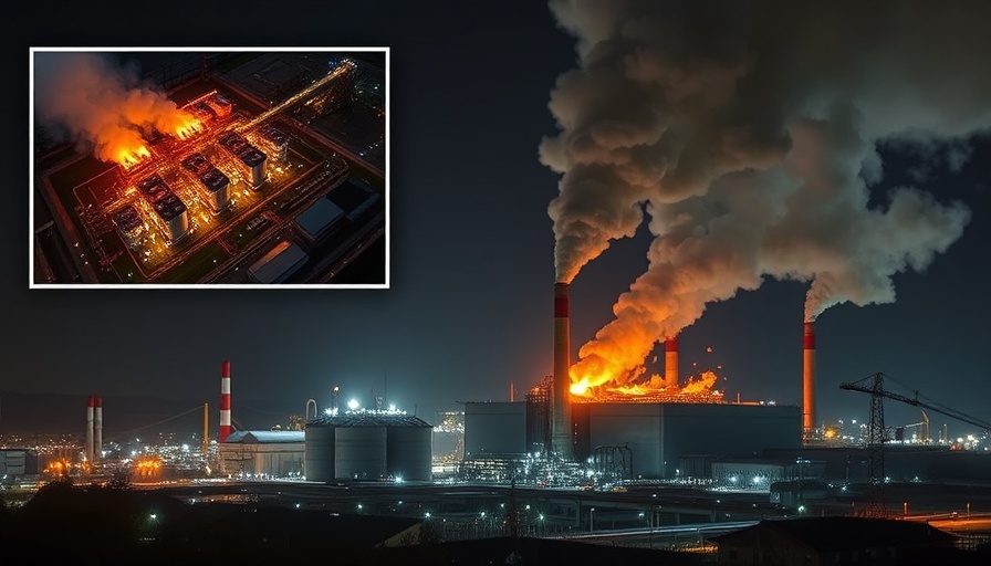Lithium-Ion battery storage facility fire at night, aerial view inset.