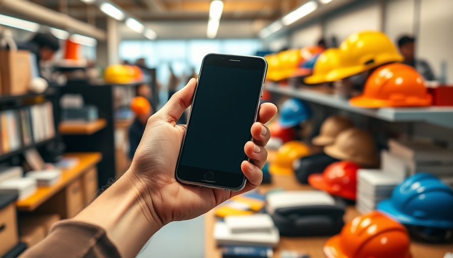 Typical takeoff scene with smartphone and construction helmets.