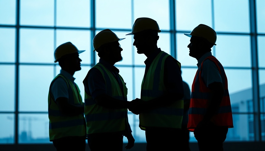 Silhouetted skilled construction workers shaking hands indoors.