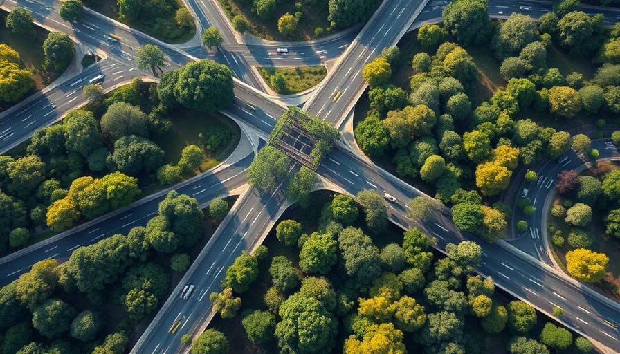 Aerial view of sustainable highway design with greenery.