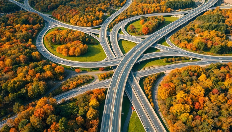 Aerial view of highway interchange with fall foliage showcasing sustainable construction.
