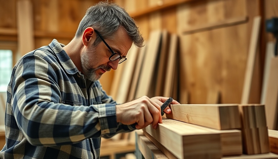 Carpenter cutting wood for flush interior doors in a workshop.