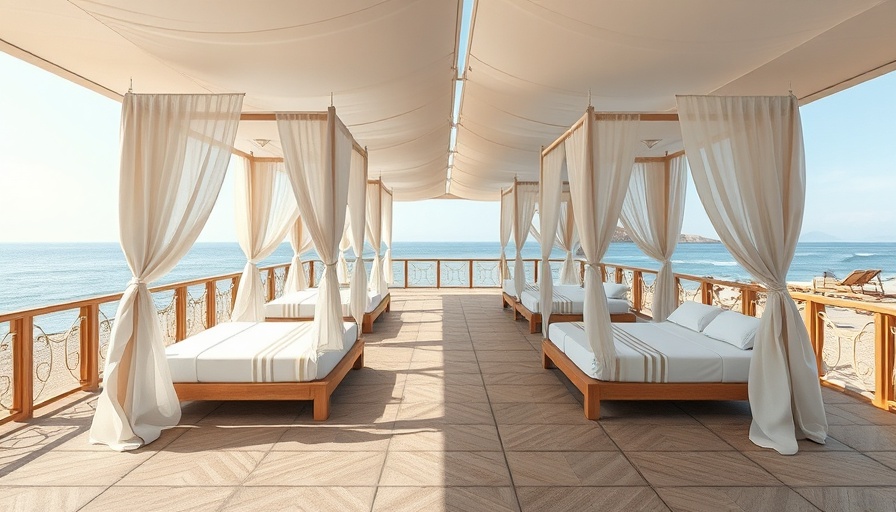 Modello decking: Elegant beachside deck with canopy beds and patterned tiles.