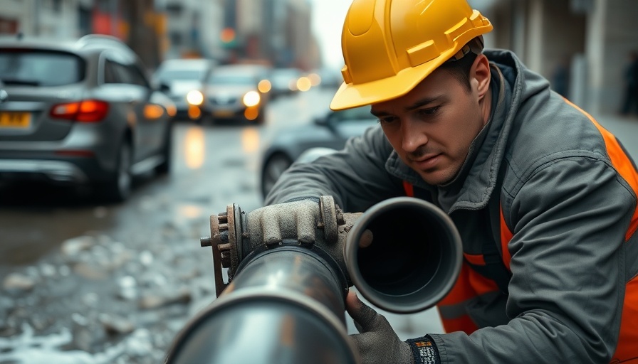Construction worker fixing pipeline on street emitting toxic fumes.
