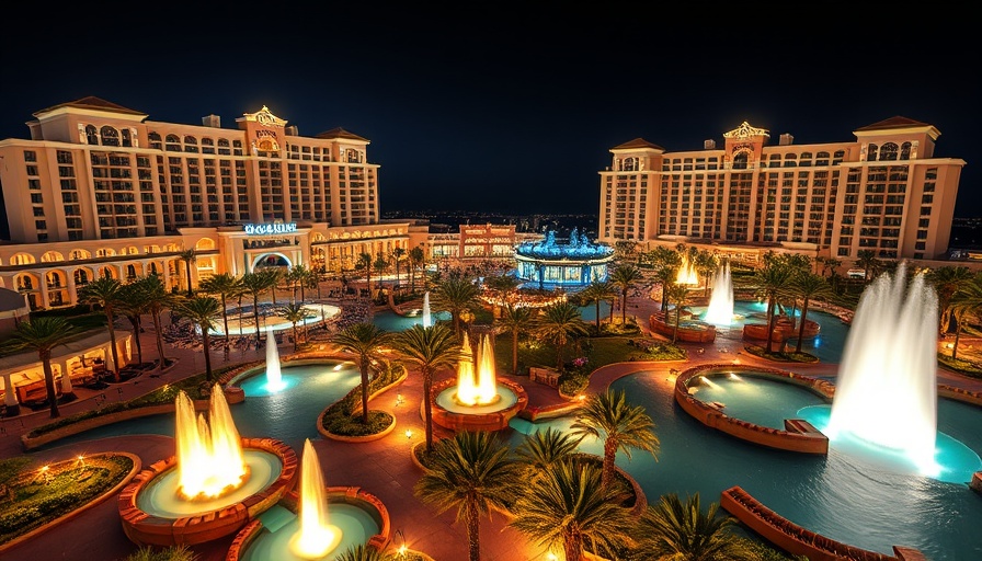 Baha Mar resort illuminated at night with vibrant fountains.
