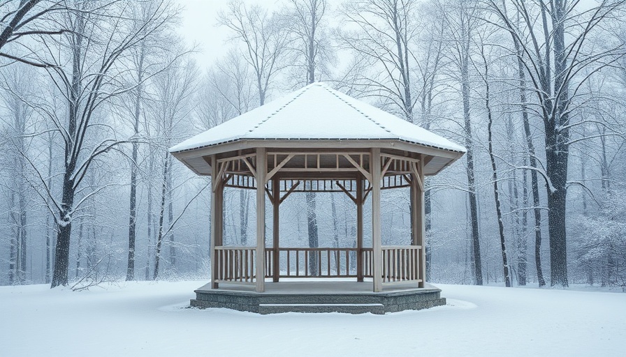 Snow-covered gazebo in winter landscape during construction slow season