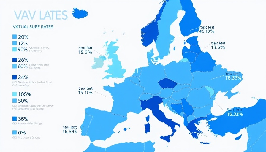 European VAT Rates map in shades of blue showing tax variations.