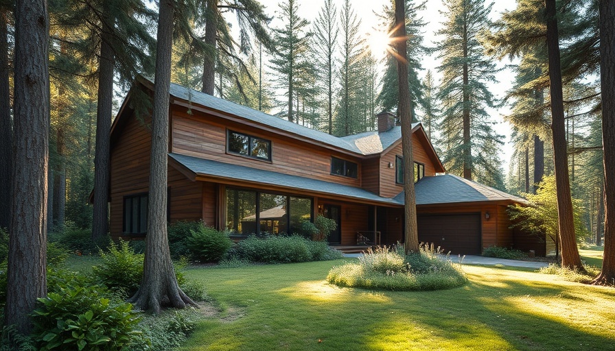 Modern ranch-style home nestled in lush forest.