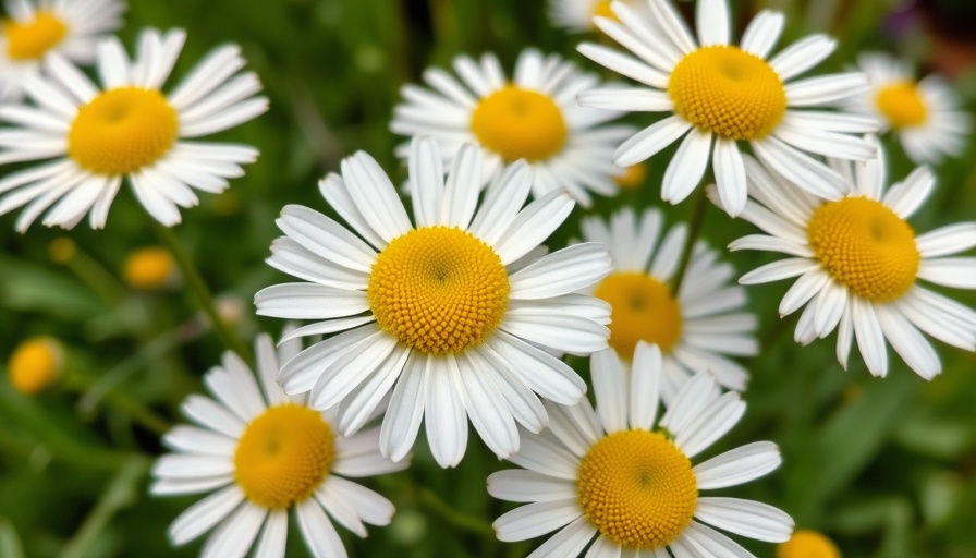 Close-up shot of growing chamomile flowers in a garden.