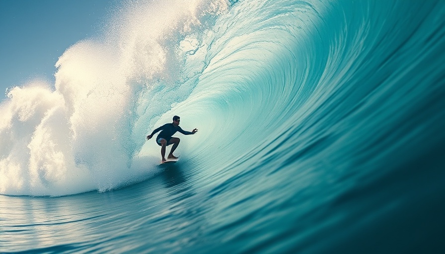 Southern California surfer riding a massive wave with skill and grace in vibrant ocean.