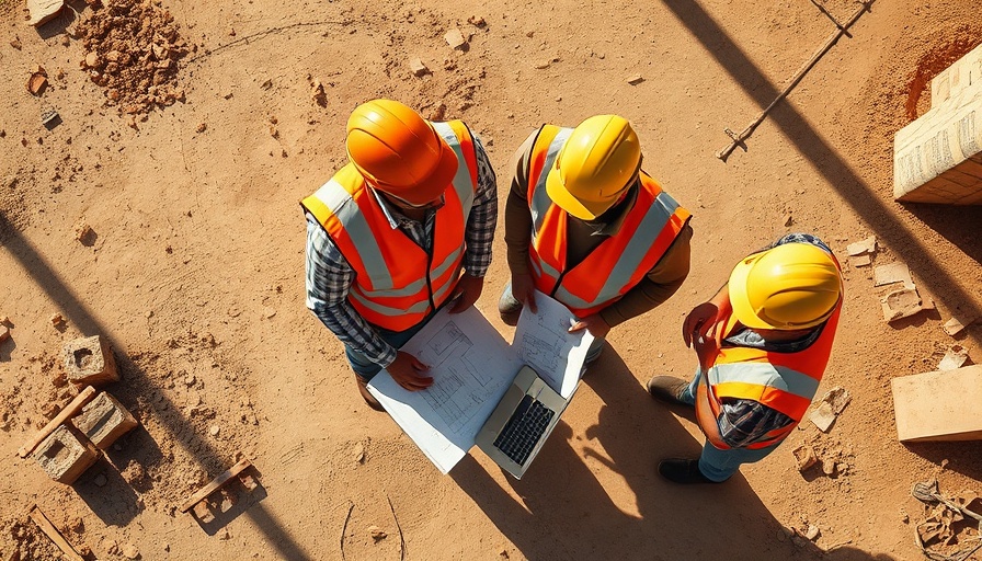 Construction team reviewing plans, emphasizing sustainability in construction.