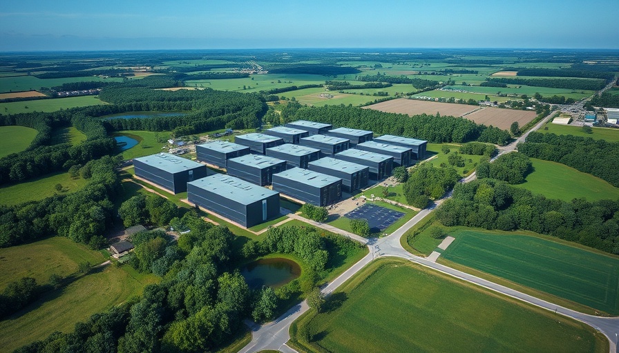 Aerial view of data centers in a green rural setting.