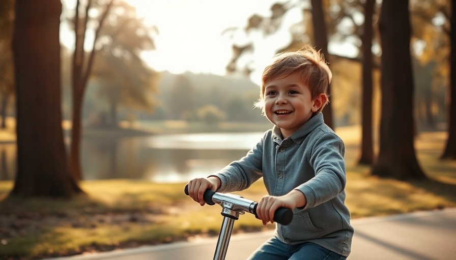 Child scooting at Huntington Central Park during a serene sunset.