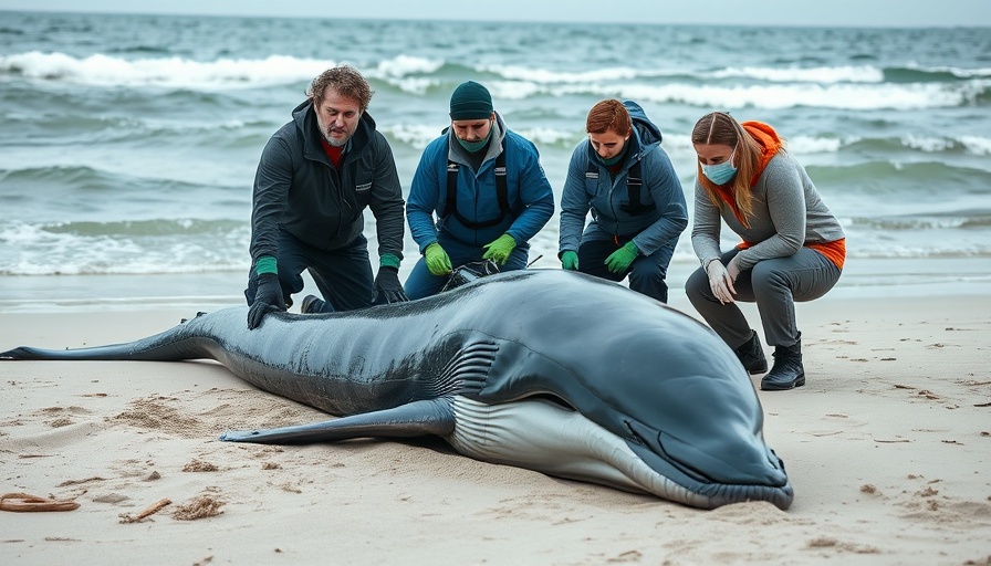 Researchers studying a beached humpback whale on a cloudy day.