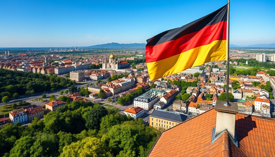 German flag over city skyline.