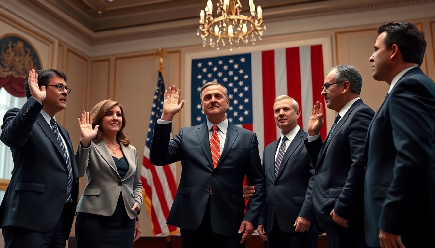 DOT funding policy group with flag backdrop and oath-taking.