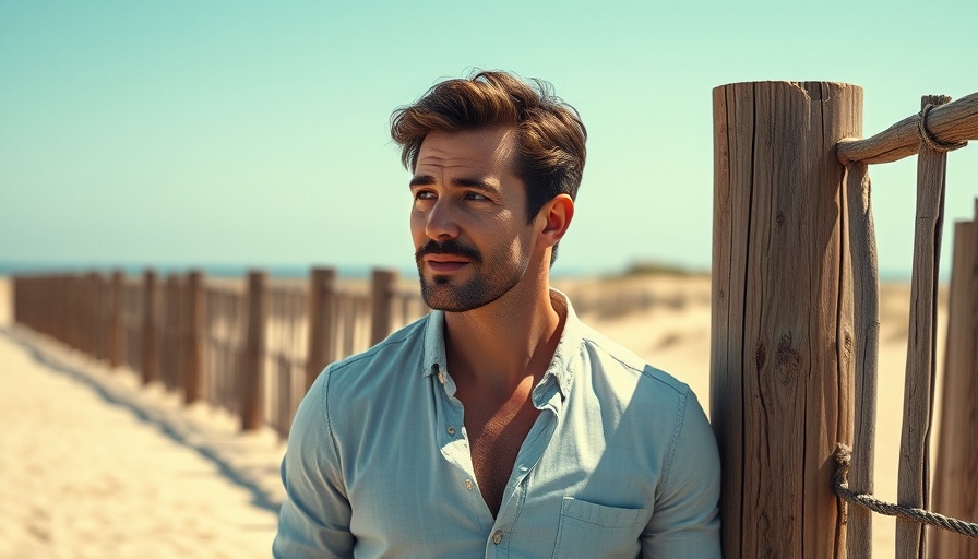 Confident man at the beach, wooden barrier in background, clear skies.