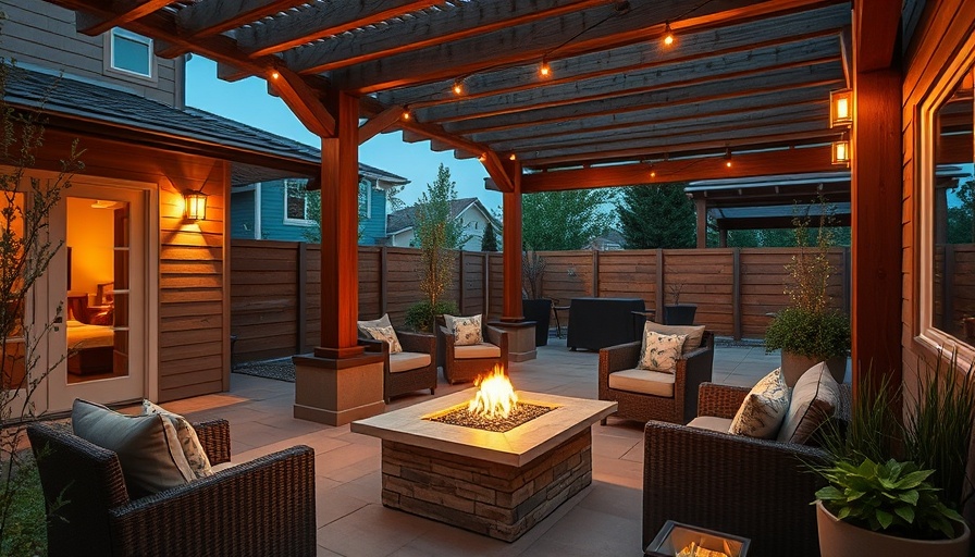 Modern patio with fire pit and pergola in elegant setting.