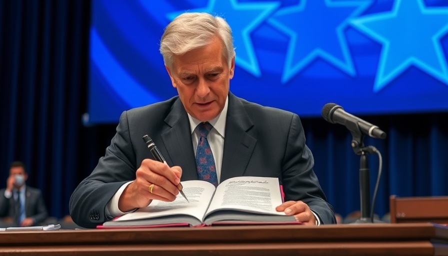 Political figure displaying signed document on stage.