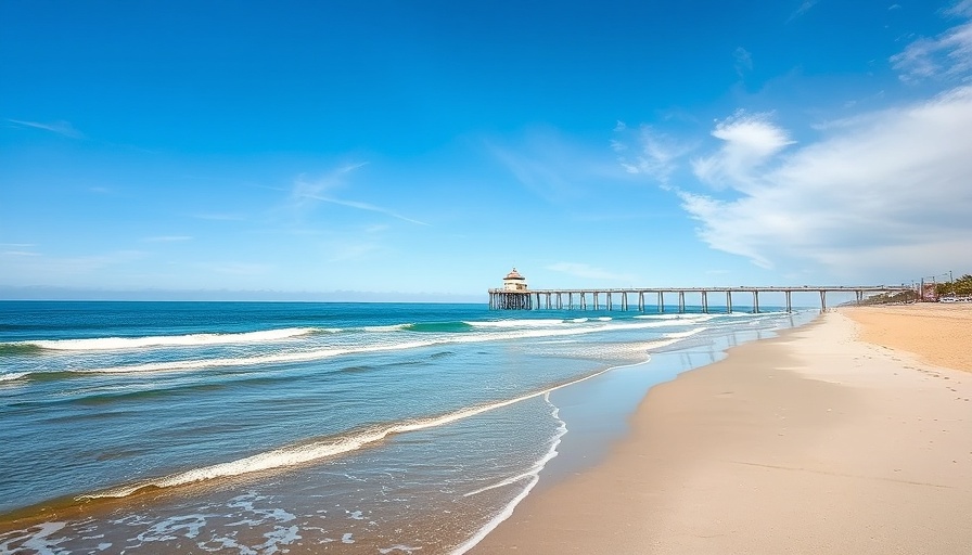Serene scenic view of Newport Beach, highlighting pier and ocean under blue skies.