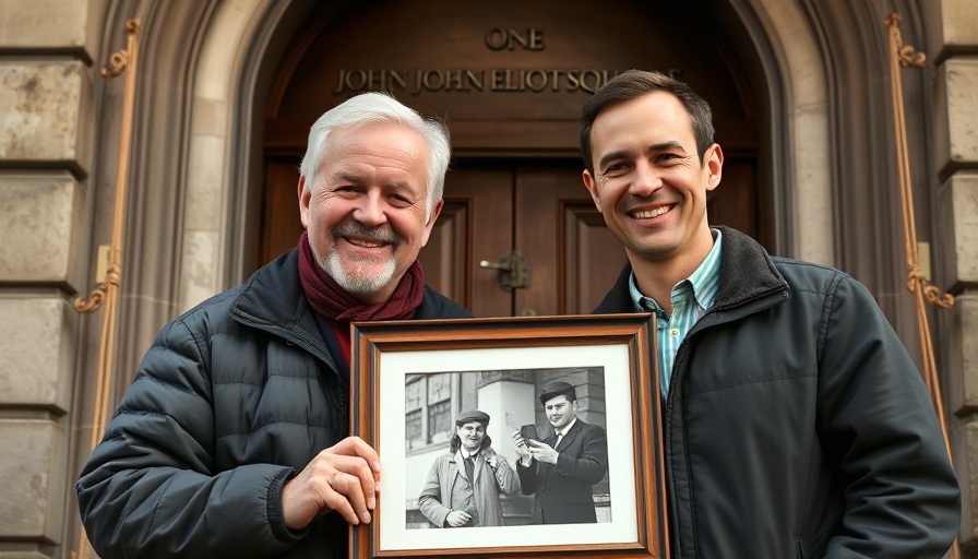 Two men holding a photo in front of One John Eliot Square.